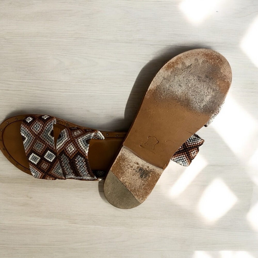 Eclectic Array Handwoven Artisan Leather Slide Sandals  Size 9 Boho Resort - Picture 2 of 4